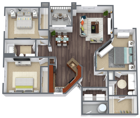 Floor plan for 3 beds, 2 baths, 1227 sqft